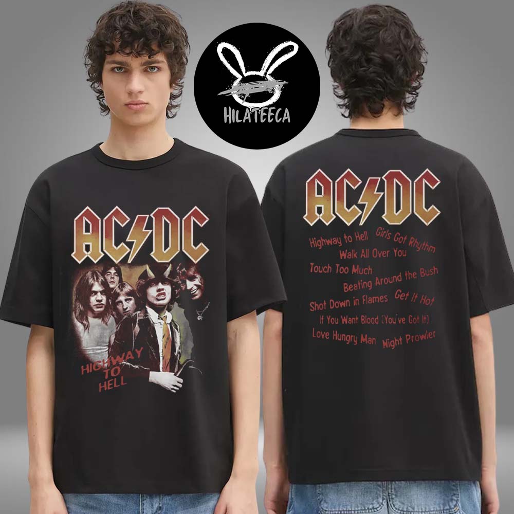 AC DC Merch Highway to Hell Track List Two Sided Unisex T-Shirt AC DC Merch Highway to Hell Track List Two Sided Unisex T-Shirt