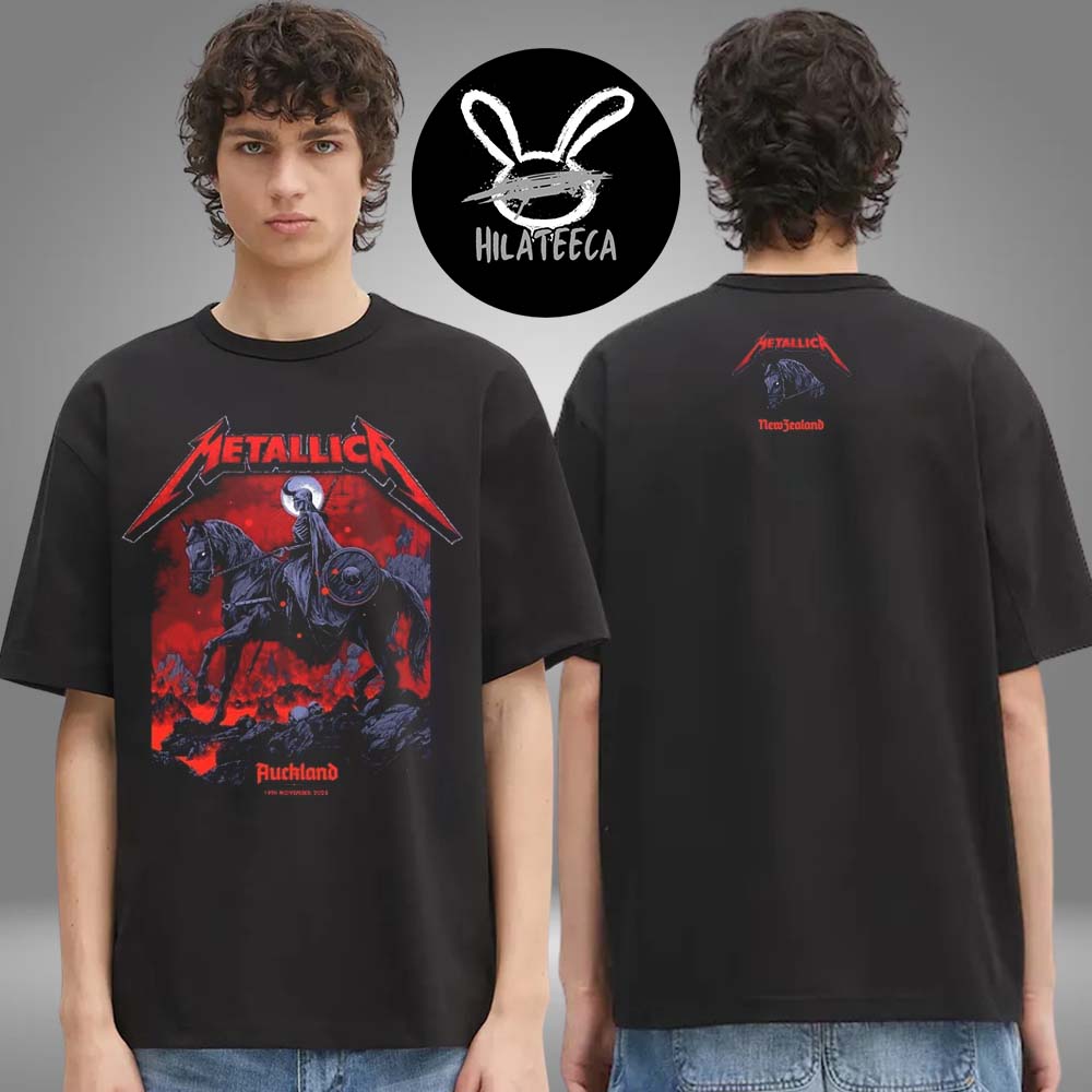 Metallica M72 Auckland Pop Up Shop Art By Ken Taylor At Eden Park In Auckland New Zealand On November 19 2025 Two Sided Unisex T-Shirt Metallica M72 Auckland Pop Up Shop Art By Ken Taylor At Eden Park In Auckland New Zealand On November 19 2025 Two Sided Unisex T-Shirt